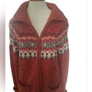 VTG ONE on ONE Cotton Wool Blend Zip Front Cardigan Sweater Aztec Knit Ladies LG